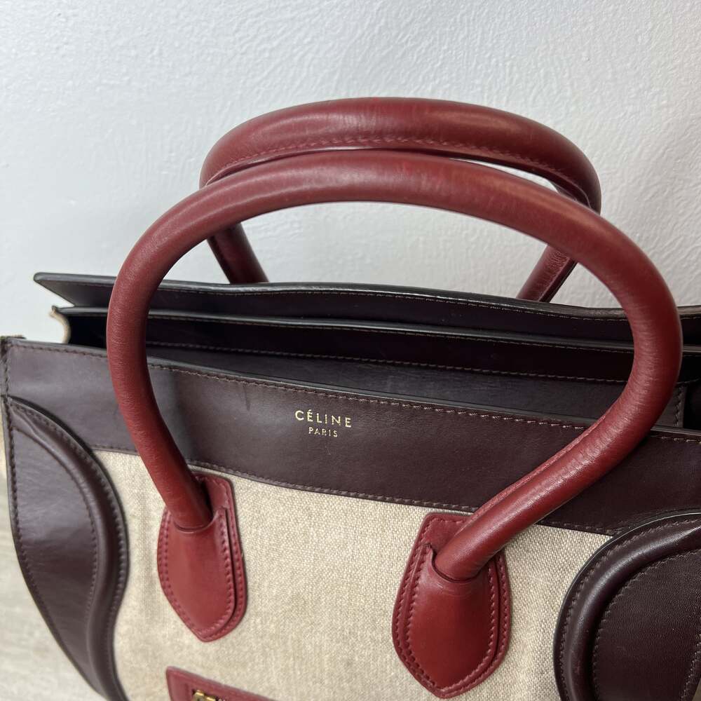 Authentic CELINE Oatmeal Brown burgundy canvas & leather MINI LUGGAGE Tote Bag - Picture 7 of 10